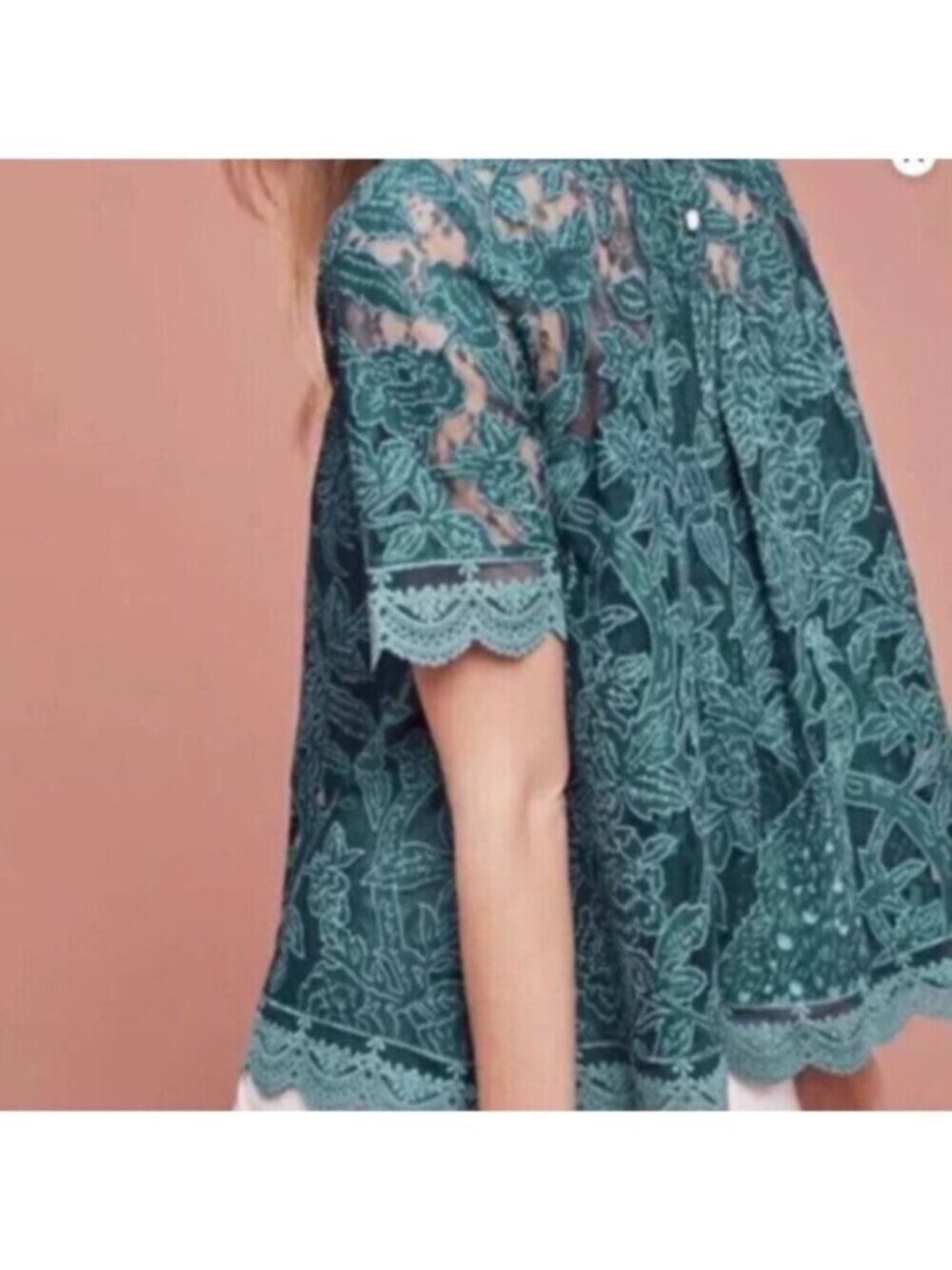 HD in Paris Anthropologie Lace Overlay Blouse Green Scallop Trim $118 Sz 10 - Picture 8 of 11